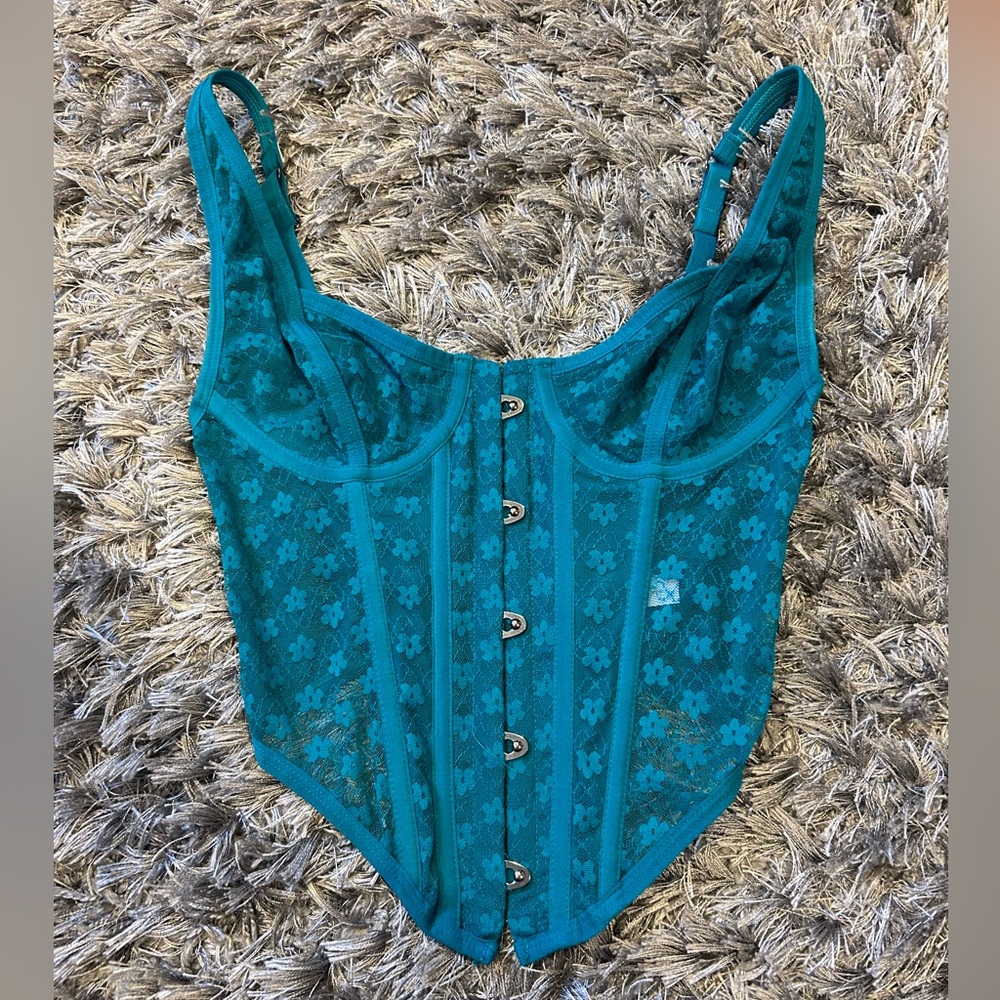 Urban Outfitters Turquoise Floral Lace Corset Top S